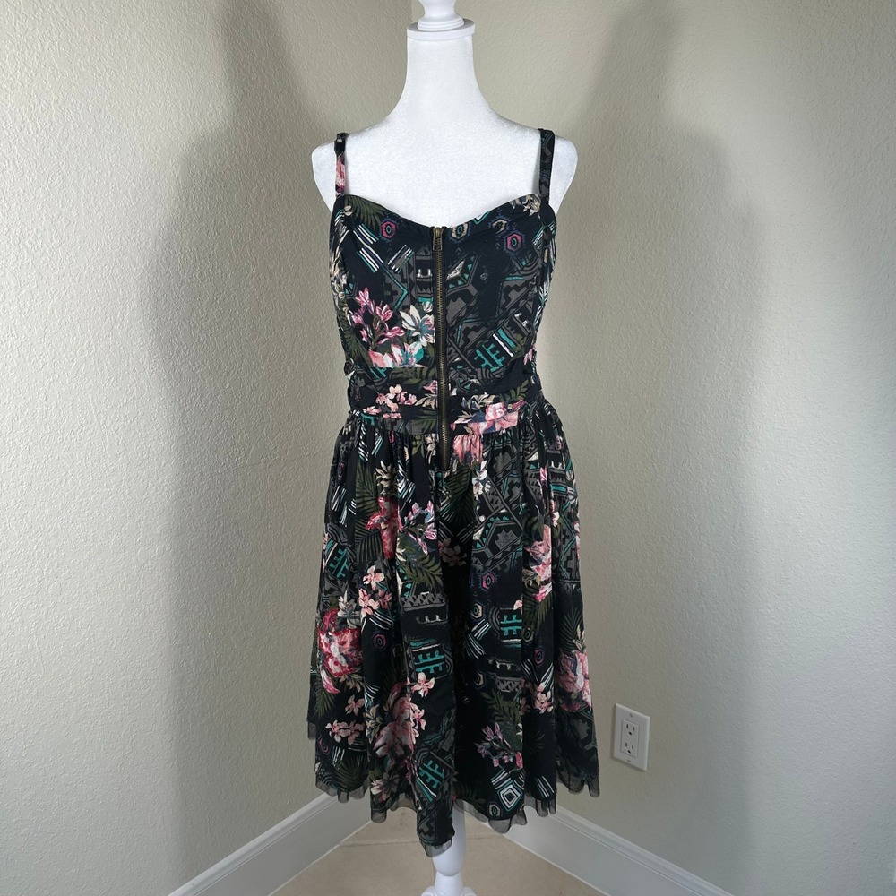American Rag Cie Fit and Flare Dress Women 1X Black Floral Boho Indie Grunge Y2K